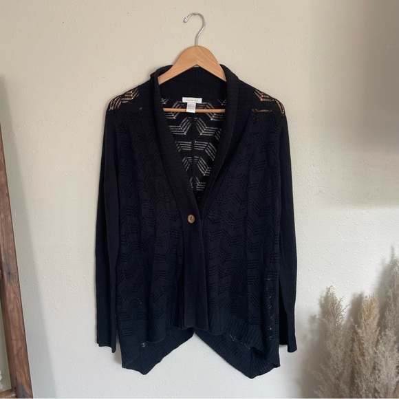 Garnet Hill | Cashmere Lightweight Crochet Knit Black Cardigan Sweater - Picture 2 of 9